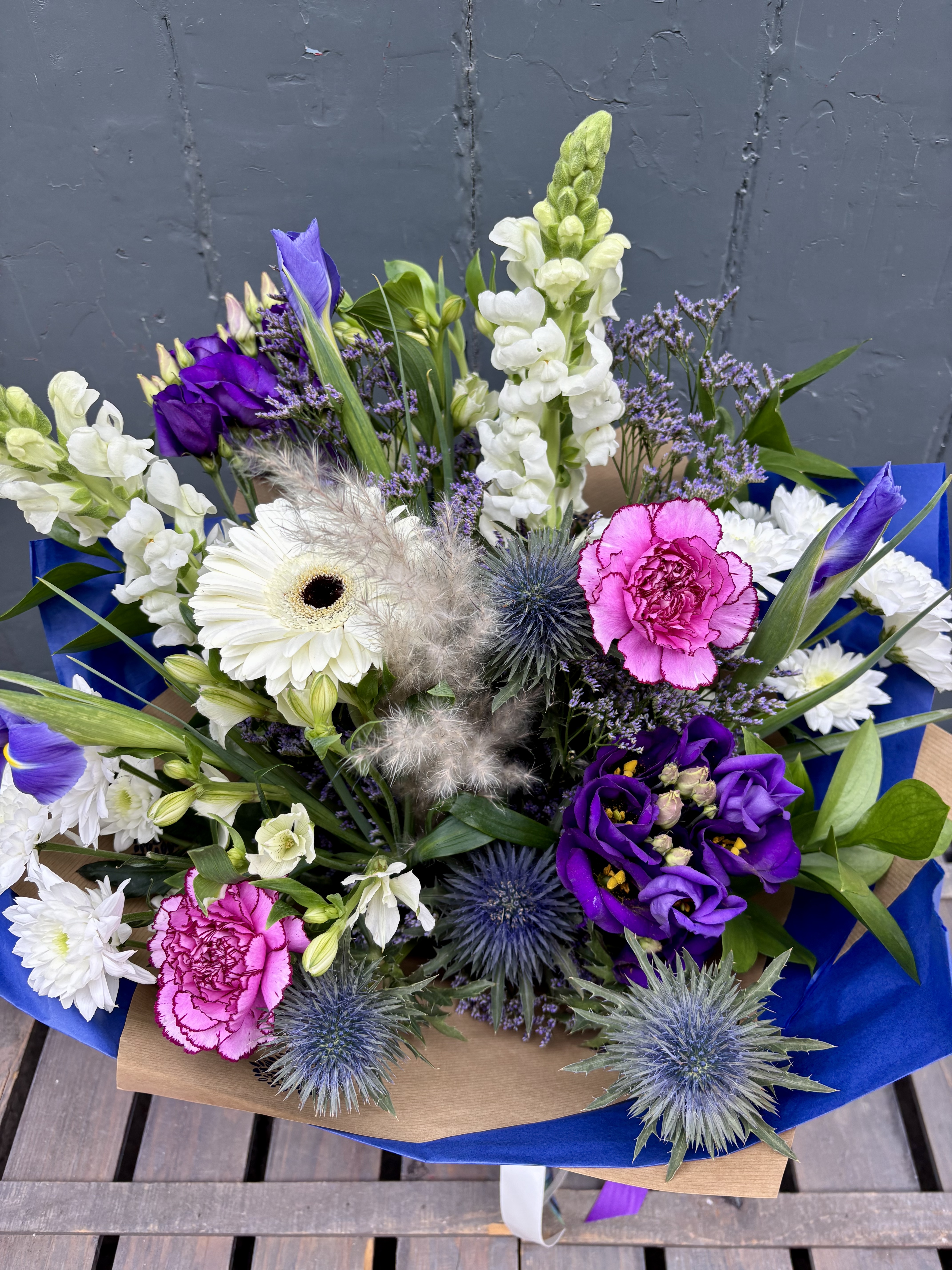 Scottish Purple Thistle Hand Tied Gift Box - fresh flower arrangement from Baytree Florists